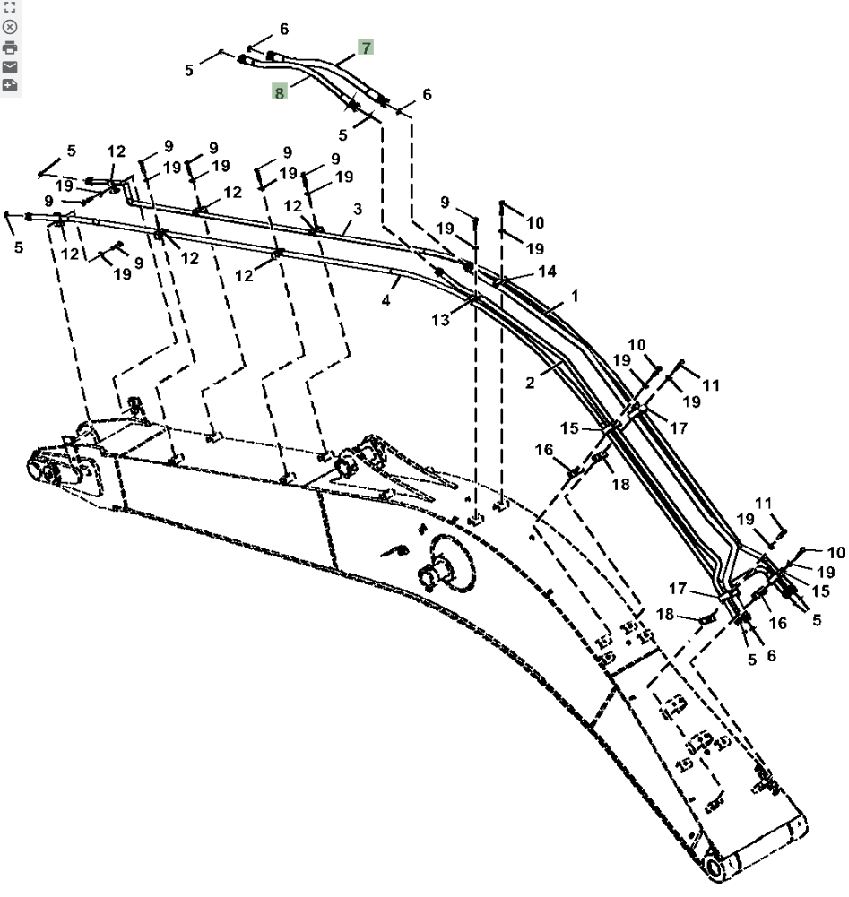 Hitachi ZX210LC-5A installation diagram showing hydraulic hose 4676586 at Pipe No. 8