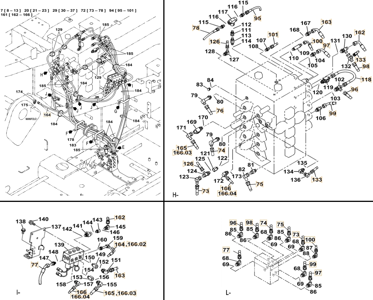Case CX500C installation diagram showing hydraulic hose KAJ2467 at Pipe No. 163