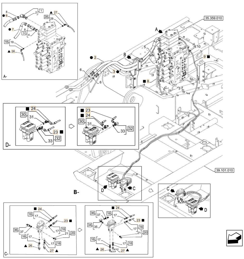 Case CX210D NLC 2PB installation diagram showing hydraulic hose KHJ18960 at Pipe No. A27-B9-C27