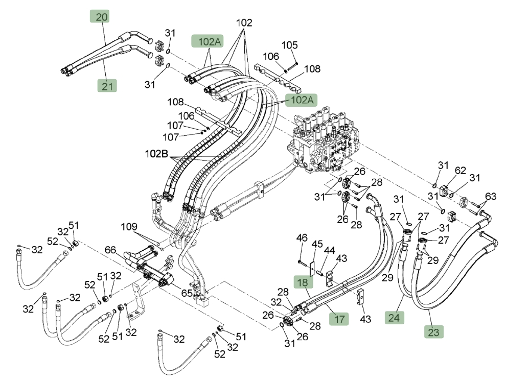 Hitachi ZX450LC-3 installation diagram showing hydraulic hose 4356817 at Pipe No. 18