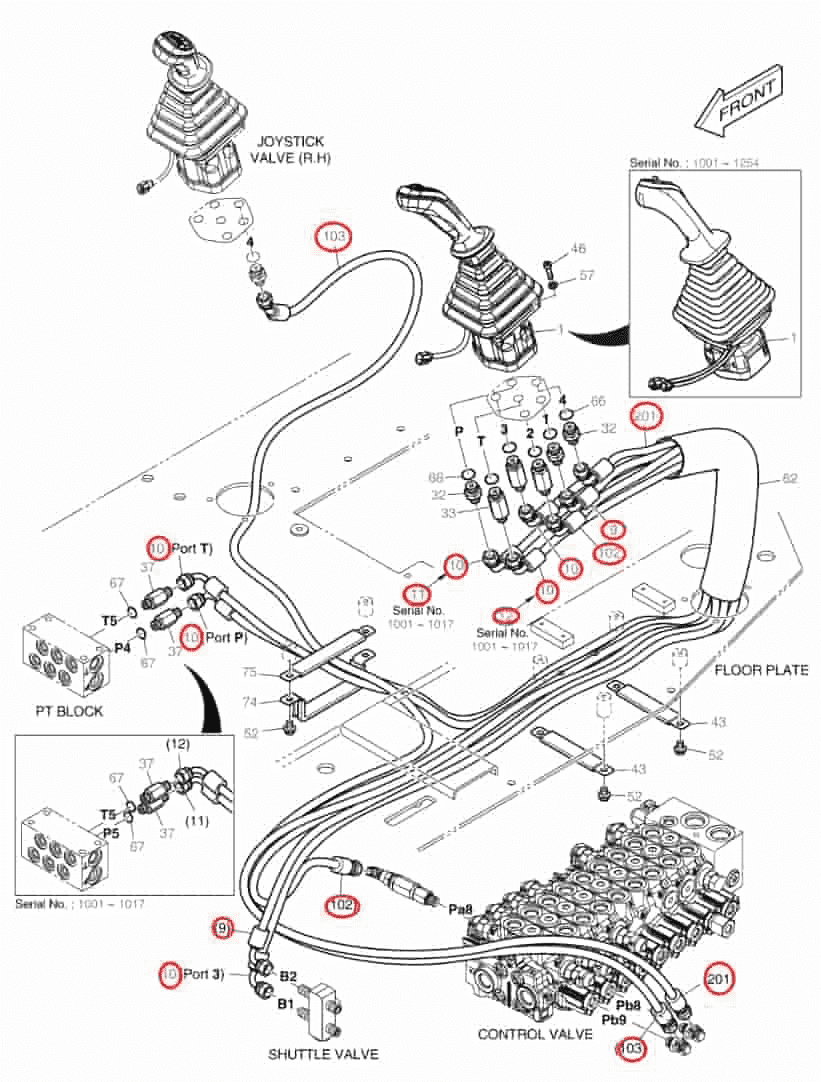 Doosan DX62R-3 installation diagram showing hydraulic hose DS2093393 at Pipe No. 201