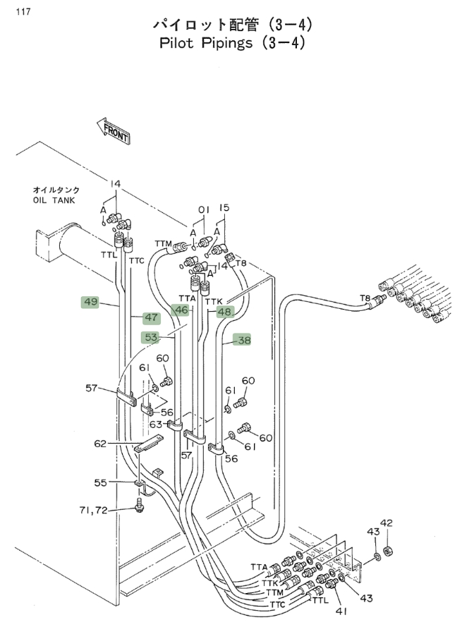 Hitachi EX700 installation diagram showing hydraulic hose 4218452 at Pipe No. 38