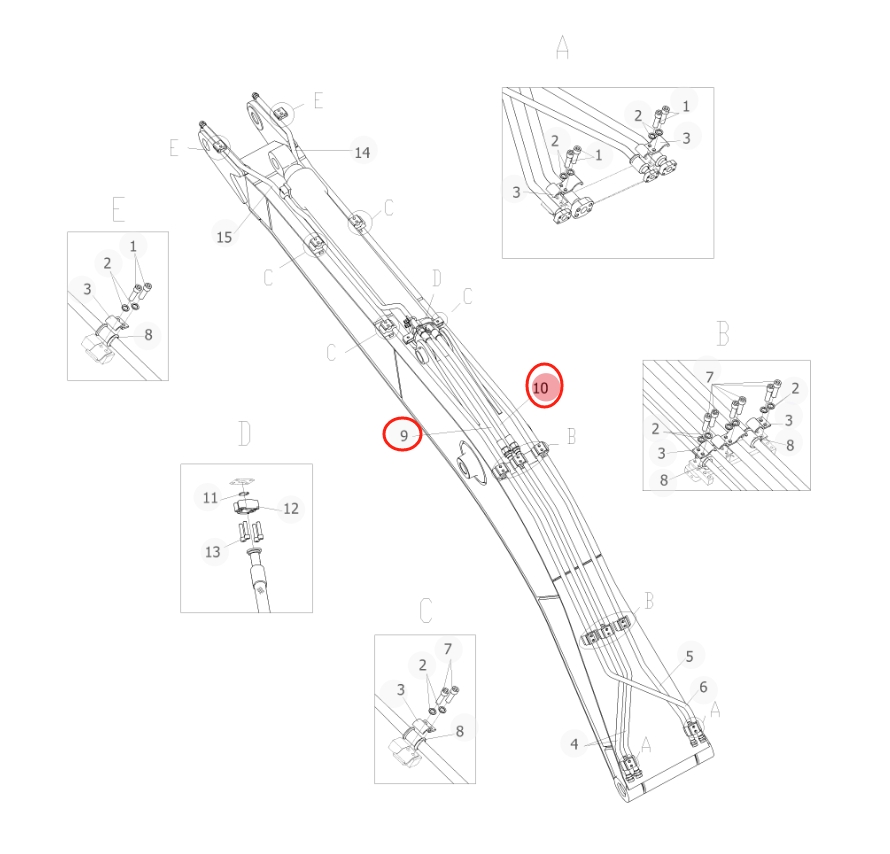 Sunward SWE155F installation diagram showing hydraulic hose 730501005407 at Pipe No. 9