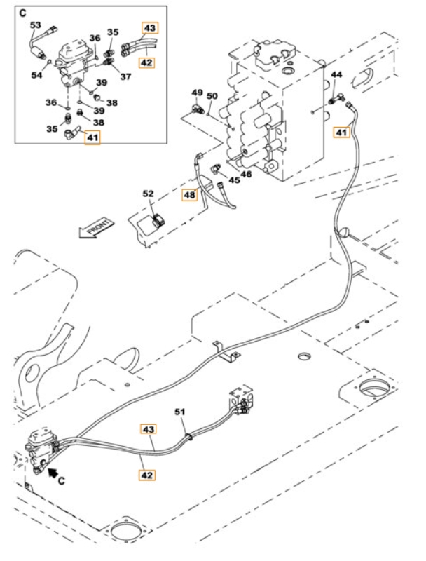 Case CX230B installation diagram showing hydraulic hose KHJ2309 at Pipe No. 48