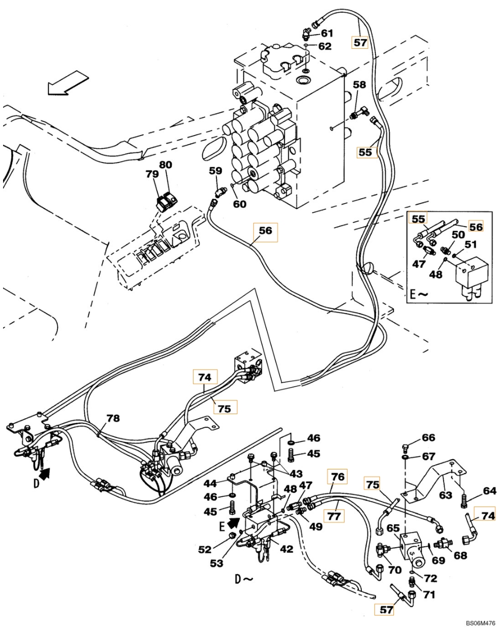 Case CX240B installation diagram showing hydraulic hose KHJ12230 at Pipe No. 57