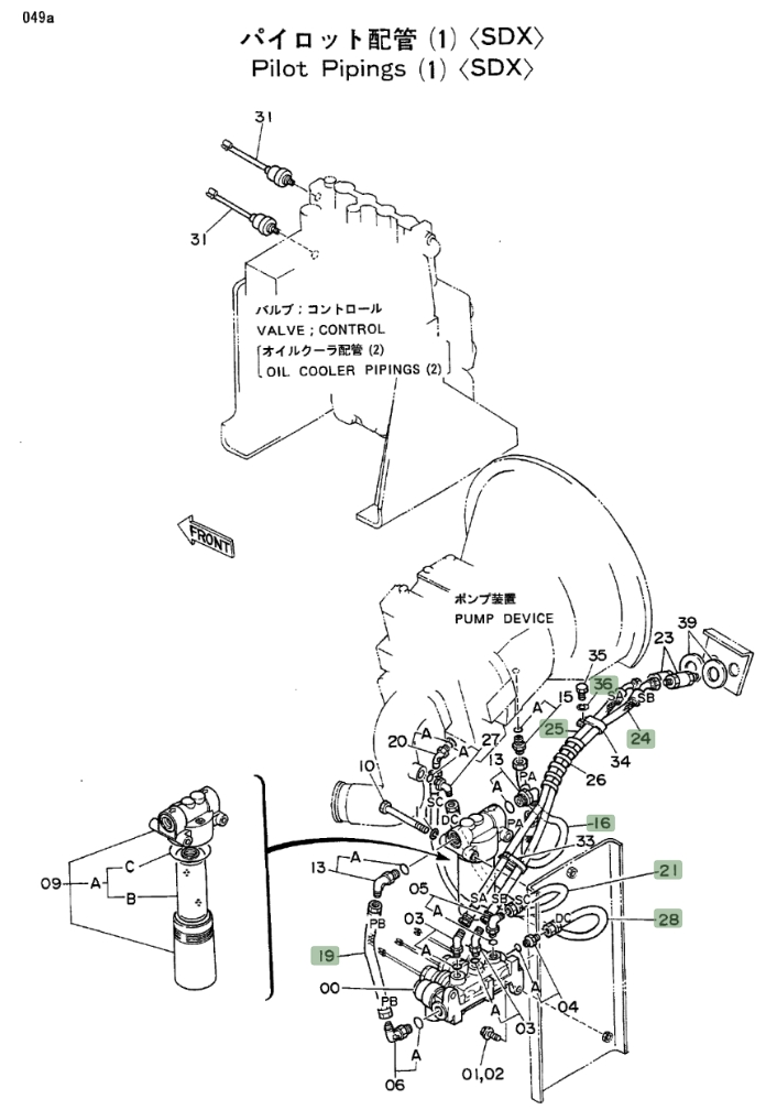 Hitachi EX100 installation diagram showing hydraulic hose 4200496 at Pipe No. 28