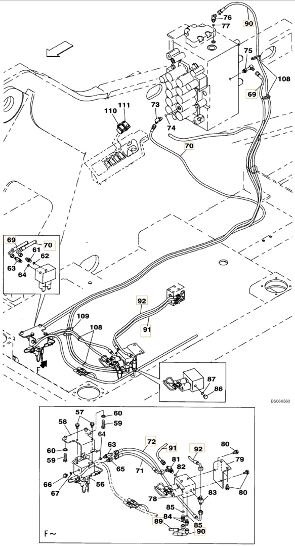 Case CX240B installation diagram showing hydraulic hose KHJ2198 at Pipe No. 69