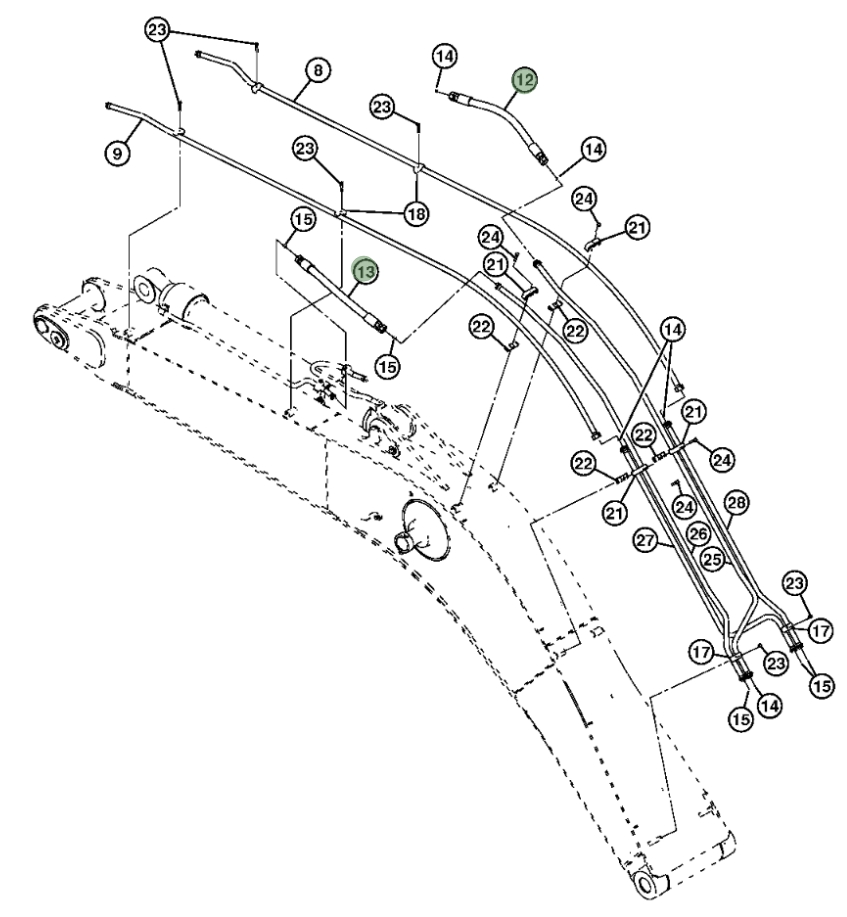 Hitachi ZX350LC-5N installation diagram showing hydraulic hose 4628957 at Pipe No. 12