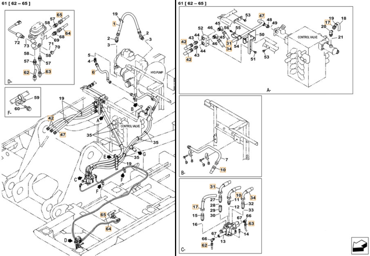 Case CX490C installation diagram showing hydraulic hose KHJ12230 at Pipe No. 63