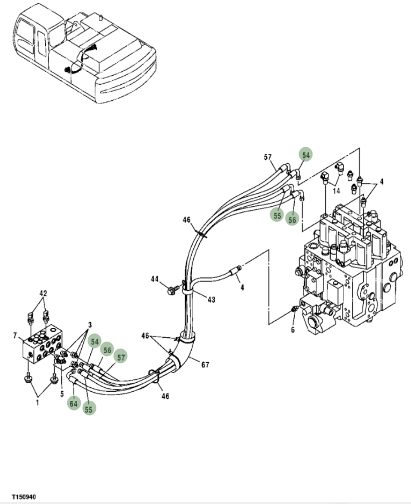 Hitachi ZX350F installation diagram showing hydraulic hose 4456550 at Pipe No. 55