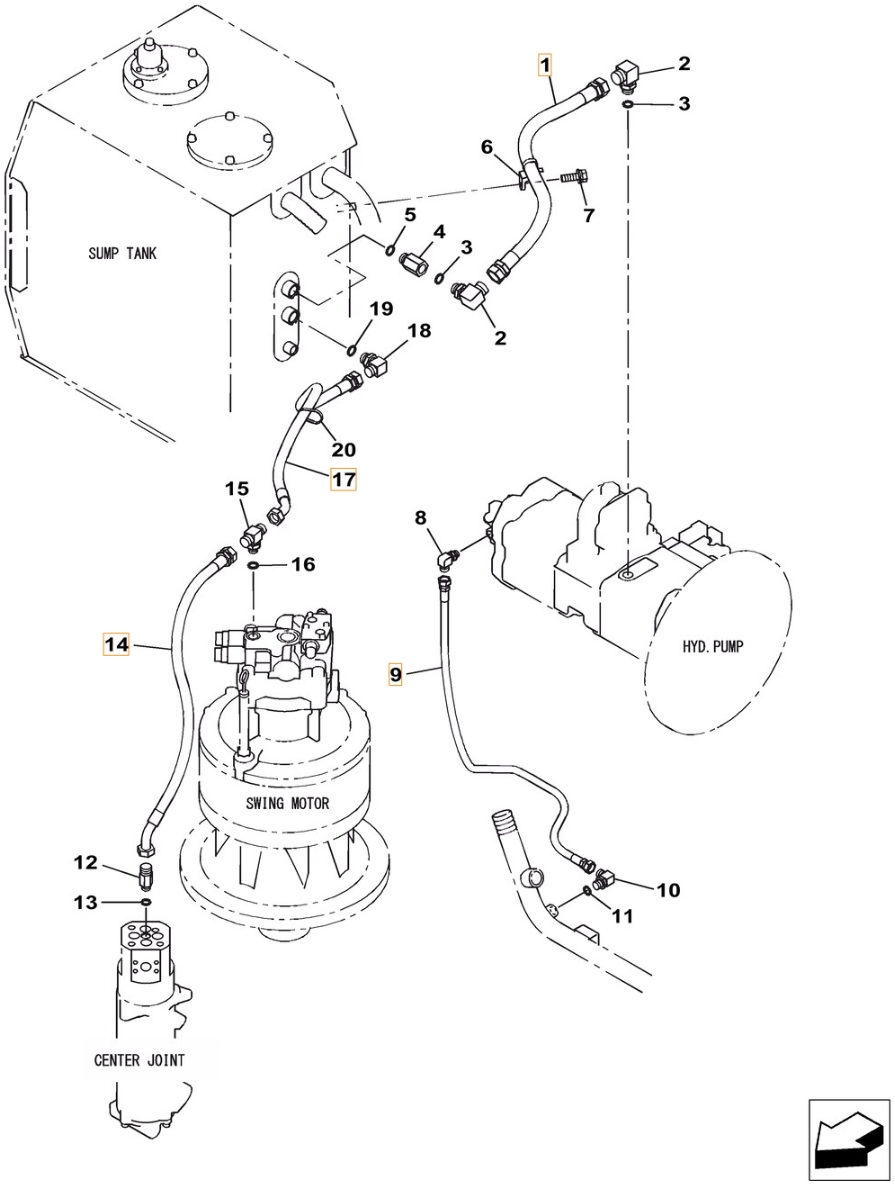 Case CX380C installation diagram showing hydraulic hose KSJ2790 at Pipe No. 14