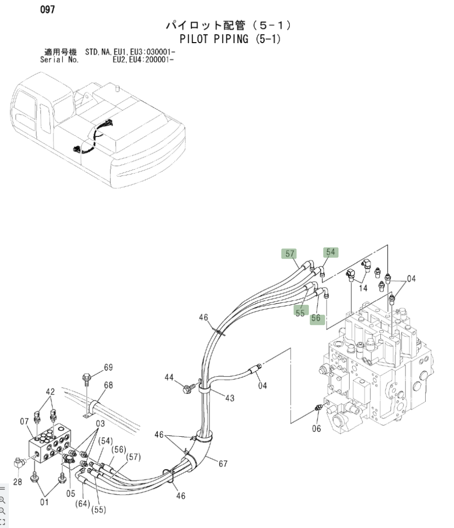 Hitachi ZX330LC installation diagram showing hydraulic hose 4456554 at Pipe No. 64
