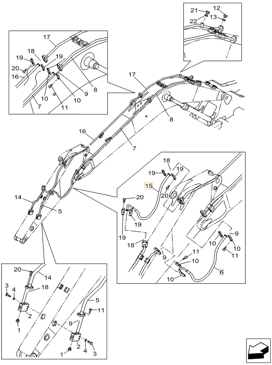 Case CX300C installation diagram showing hydraulic hose KBV16090 at Pipe No. 15