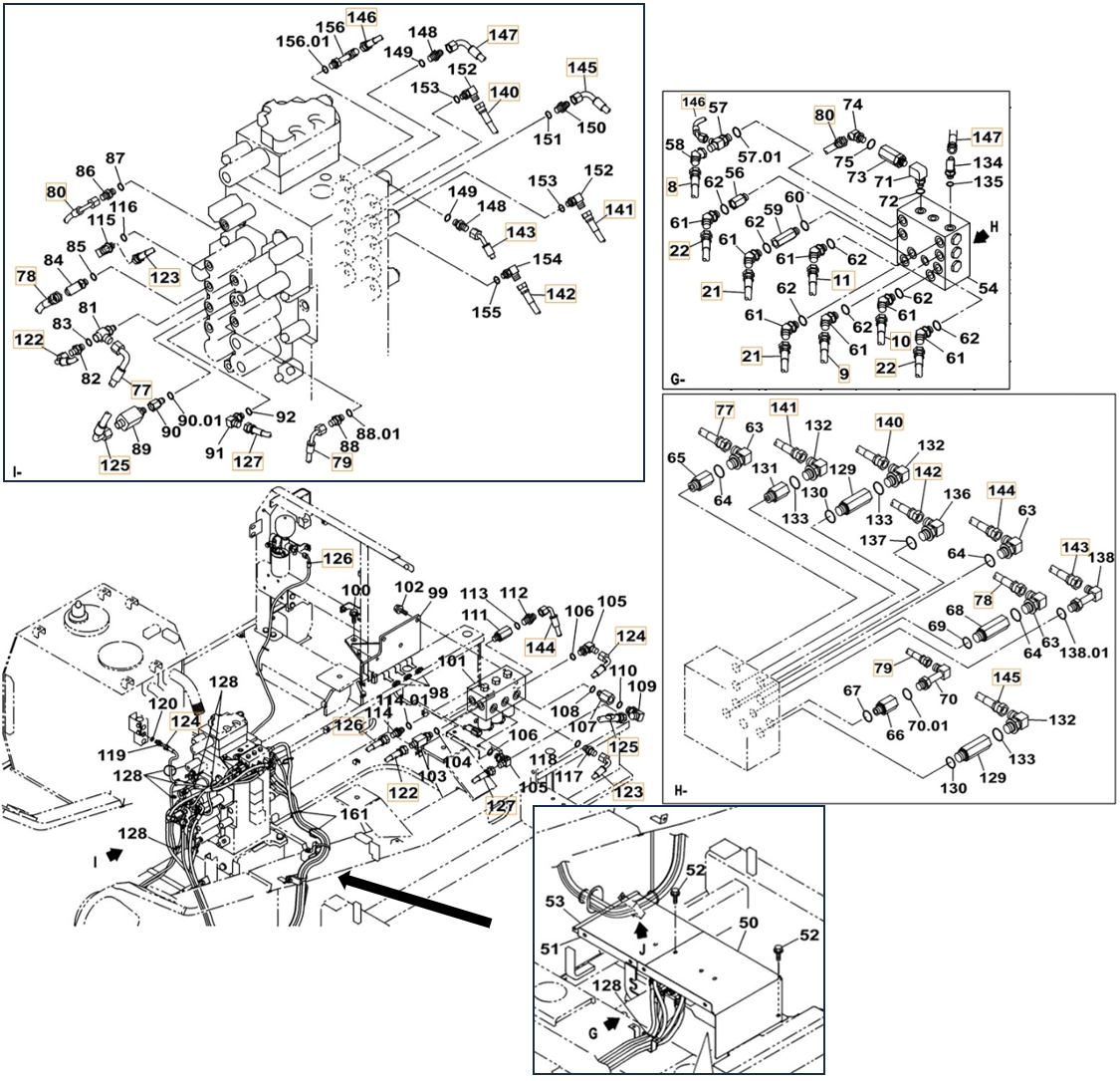Case CX350C-8 installation diagram showing hydraulic hose KHJ14790 at Pipe No. 126