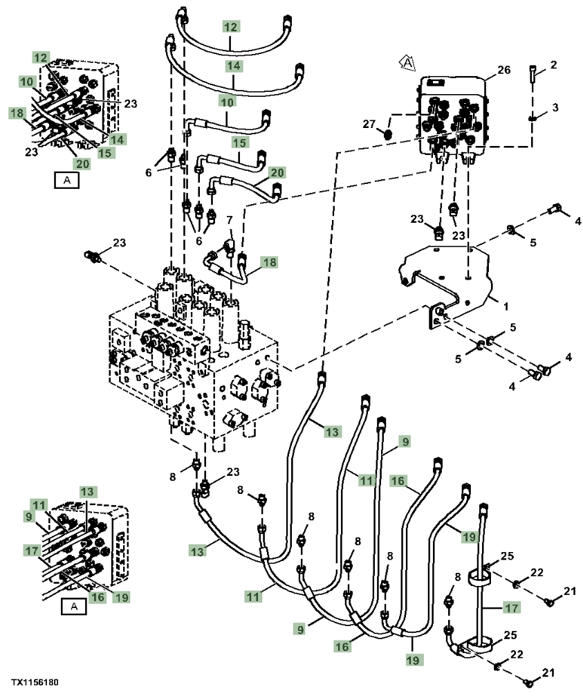 Hitachi ZX180LC-5G installation diagram showing hydraulic hose 4630935 at Pipe No. 16