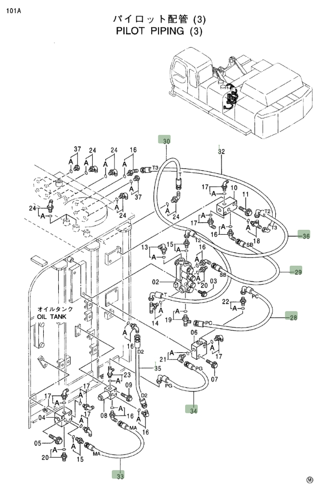 Hitachi EX750-5 installation diagram showing hydraulic hose 4389917 at Pipe No. 35
