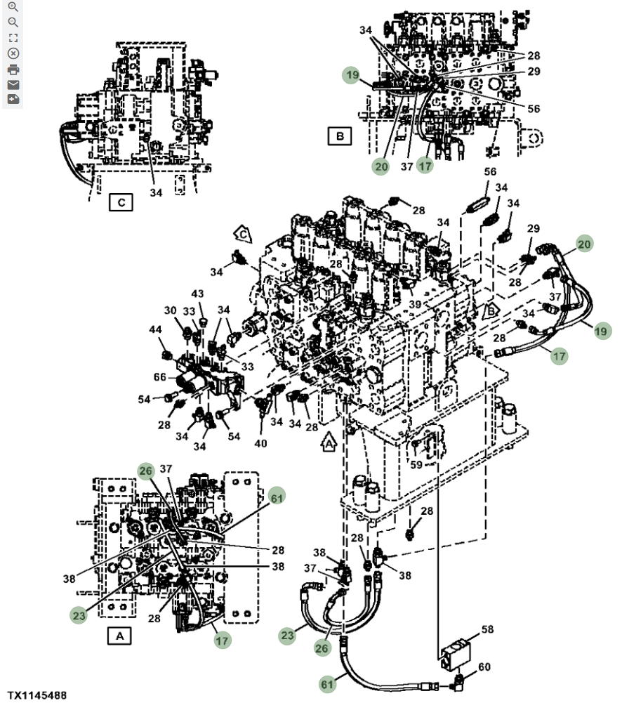 Hitachi ZX670LC-5G installation diagram showing hydraulic hose 4710438 at Pipe No. 61
