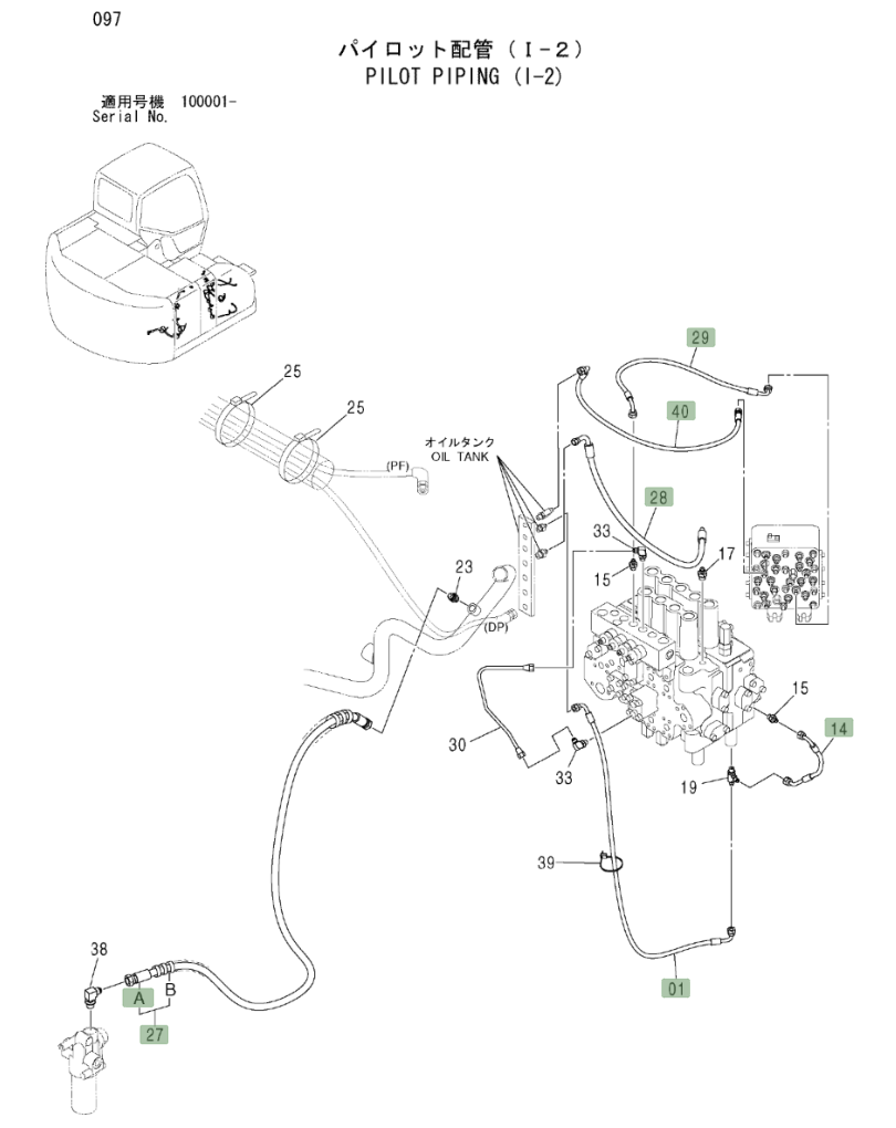 Hitachi ZX225USLC installation diagram showing hydraulic hose 4448927 at Pipe No. 27A