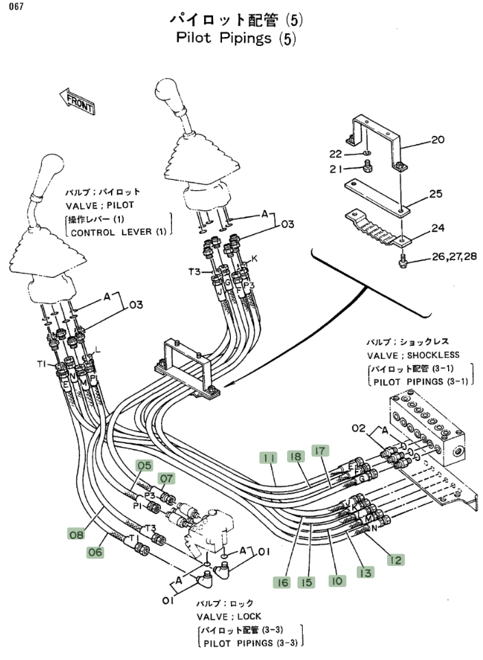 Hitachi EX100 installation diagram showing hydraulic hose 4203033 at Pipe No. 18