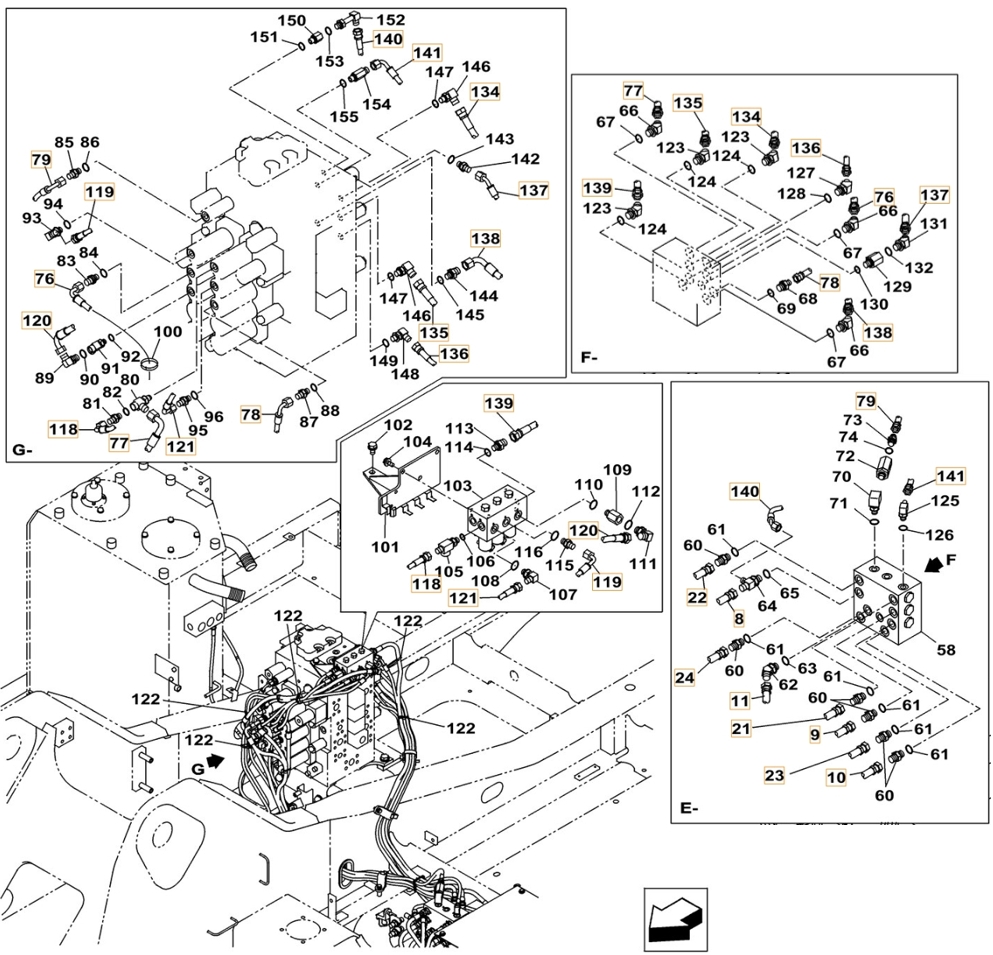 Case CX210C LC installation diagram showing hydraulic hose KHJ11540 at Pipe No. 78