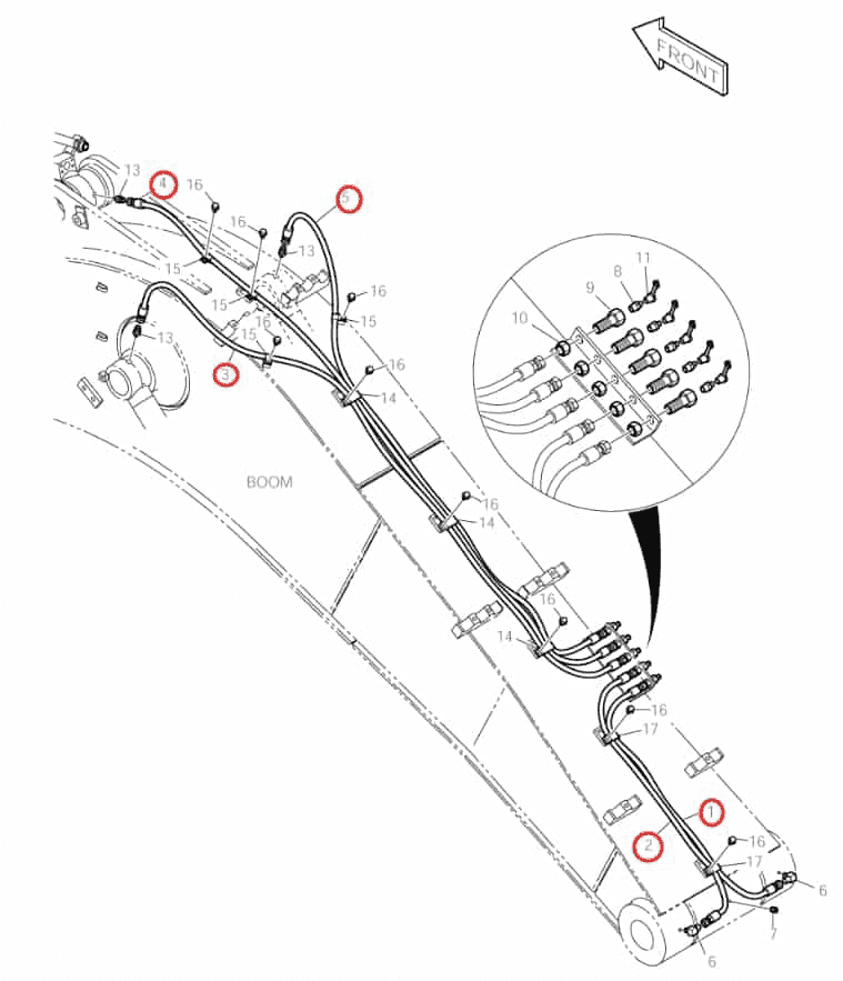 Doosan DX140LC installation diagram showing hydraulic hose 2184-1045D165 at Pipe No. 2