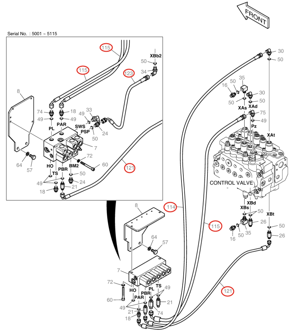 Doosan DX140W installation diagram showing hydraulic hose DS2093015 at Pipe No. 115