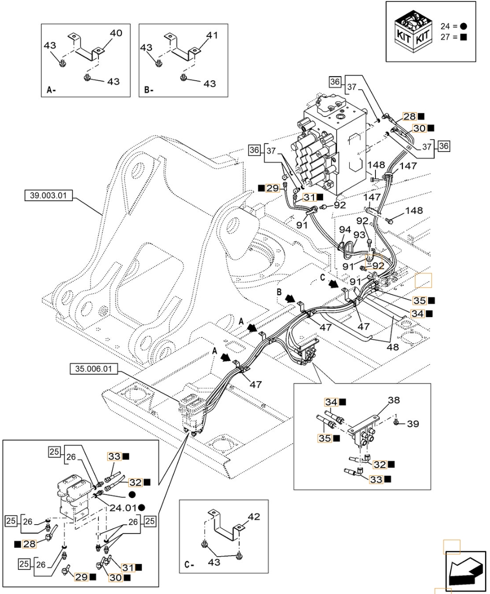 Case CX210C-8 installation diagram showing hydraulic hose KHJ2092 at Pipe No. 32