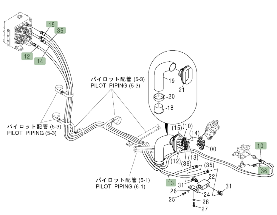 Hitachi ZX450LC installation diagram showing hydraulic hose 4446841 at Pipe No. 14