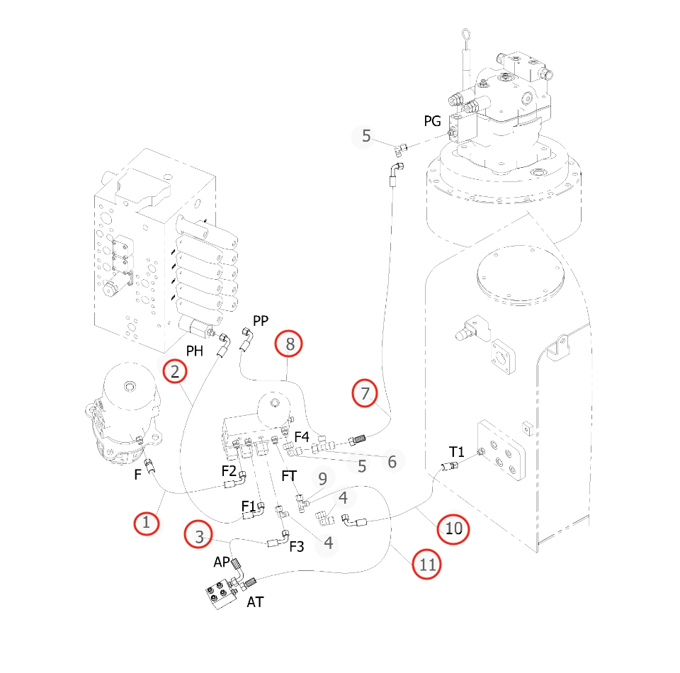 Sunward SWE155E installation diagram showing hydraulic hose 730501005433 at Pipe No. 7