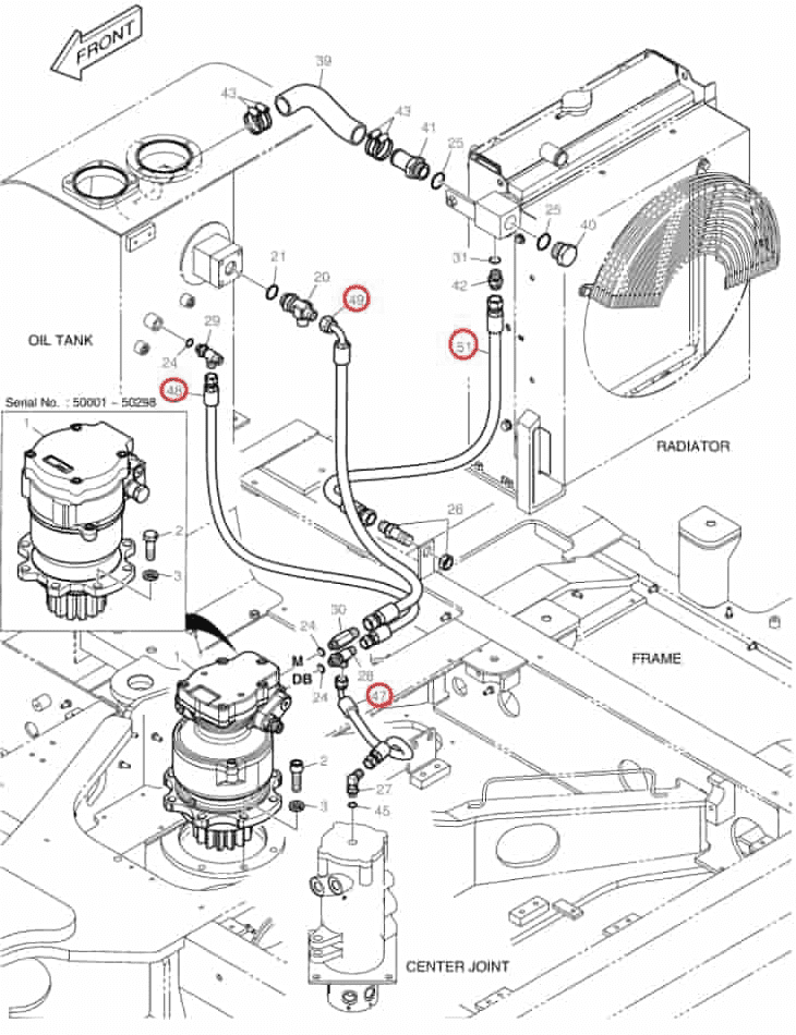 Doosan DX55 installation diagram showing hydraulic hose 2184-1036D219 at Pipe No. 49