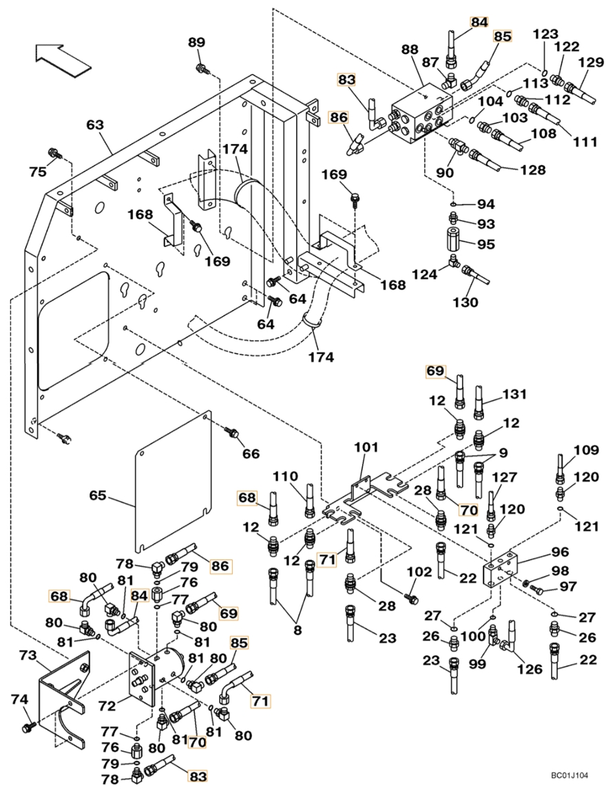 Case CX210N installation diagram showing hydraulic hose 159224A1 at Pipe No. 84
