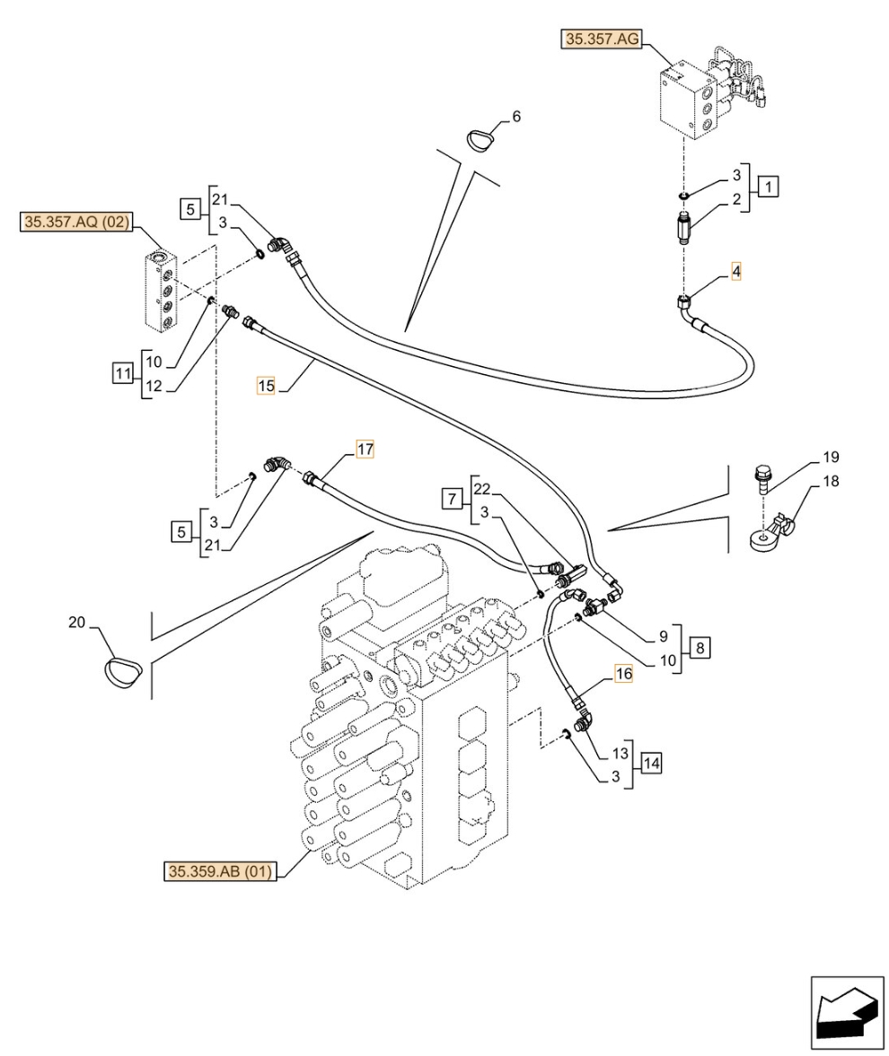 Case CX350D NLC installation diagram showing hydraulic hose KHJ2163 at Pipe No. 15