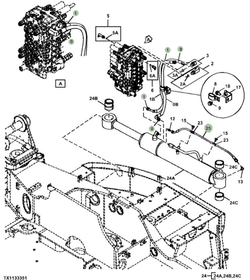 Hitachi ZX85USB-5N installation diagram showing hydraulic hose 4262819 at Pipe No. 25