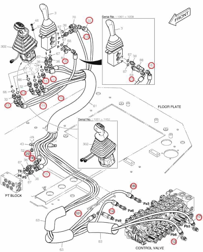 Doosan DX63-3 installation diagram showing hydraulic hose DS2109021 at Pipe No. 16