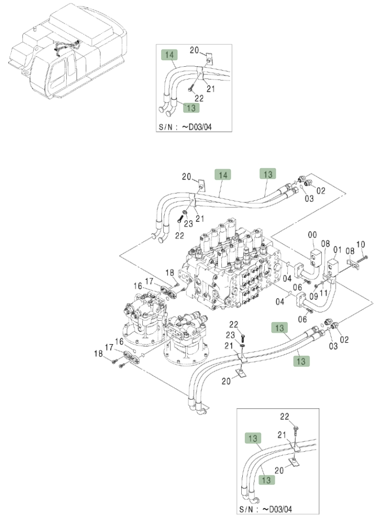 Hitachi ZX450LC installation diagram showing hydraulic hose 4343422 at Pipe No. 14