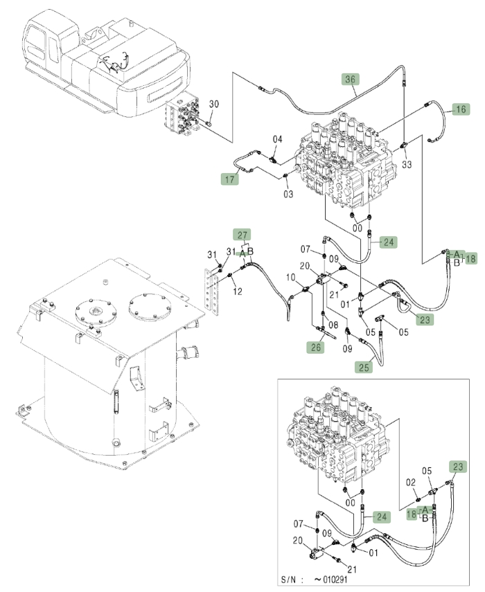 Hitachi ZX450LC installation diagram showing hydraulic hose 4368895 at Pipe No. 25