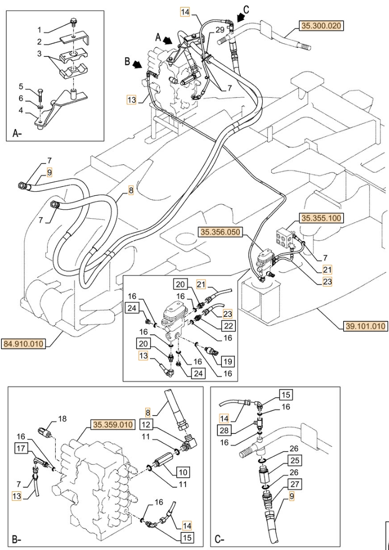 Case CX90D installation diagram showing hydraulic hose KHJ2292 at Pipe No. 23