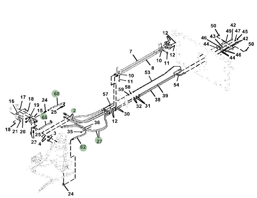 Hitachi ZX230W-5N installation diagram showing hydraulic hose 4436269 at Pipe No. 68