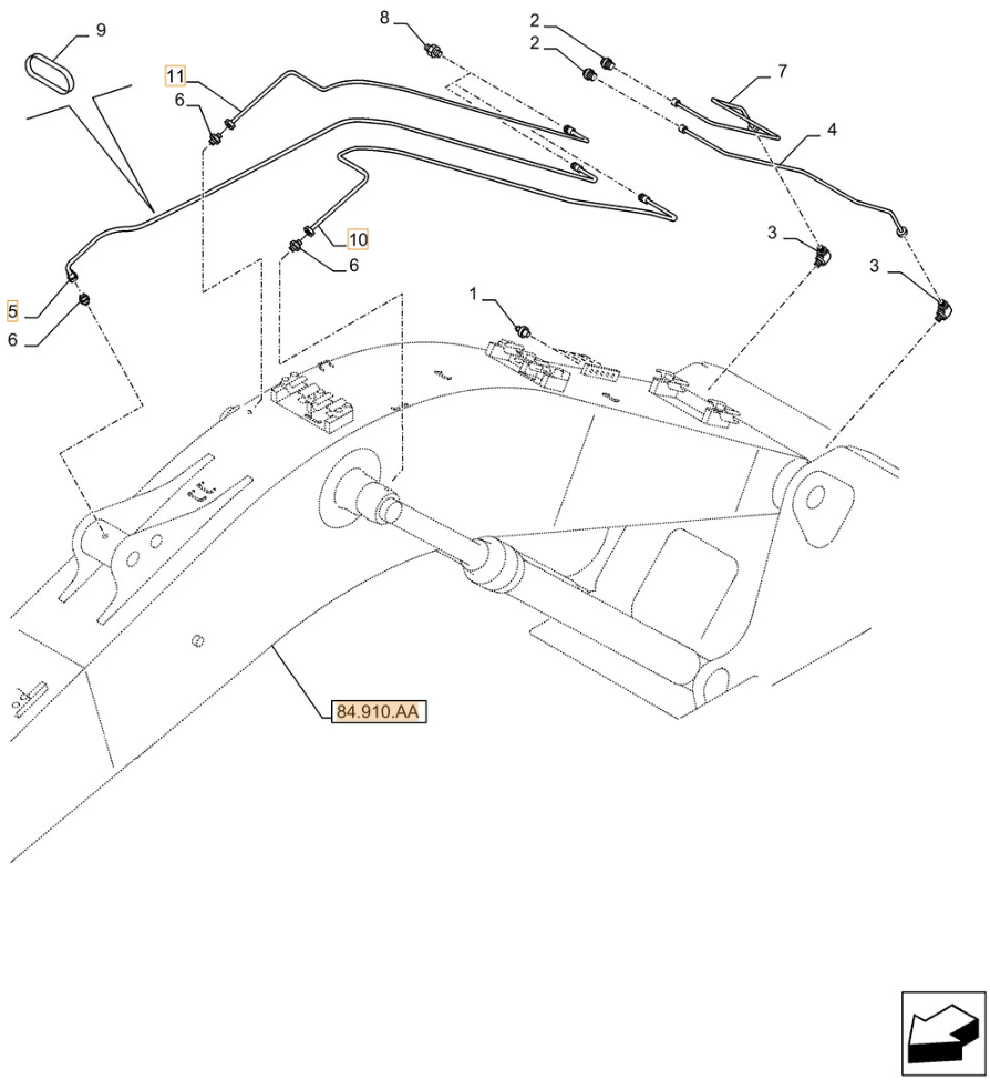 Case CX250D LC installation diagram showing hydraulic hose KHJ2172 at Pipe No. 5