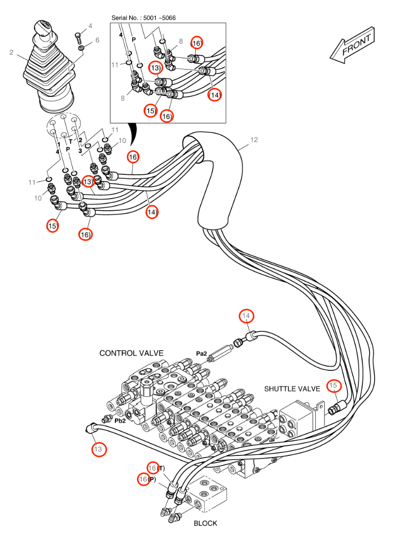 Doosan B55W-2 installation diagram showing hydraulic hose DS2093114 at Pipe No. 14