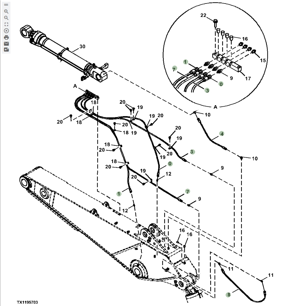 Hitachi ZX870LC-5B installation diagram showing hydraulic hose 4437282 at Pipe No. 4