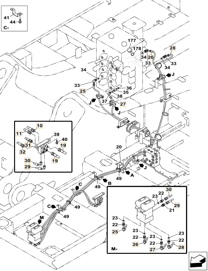 Case CX490C-8 LC installation diagram showing hydraulic hose KHJ12230 at Pipe No. 28