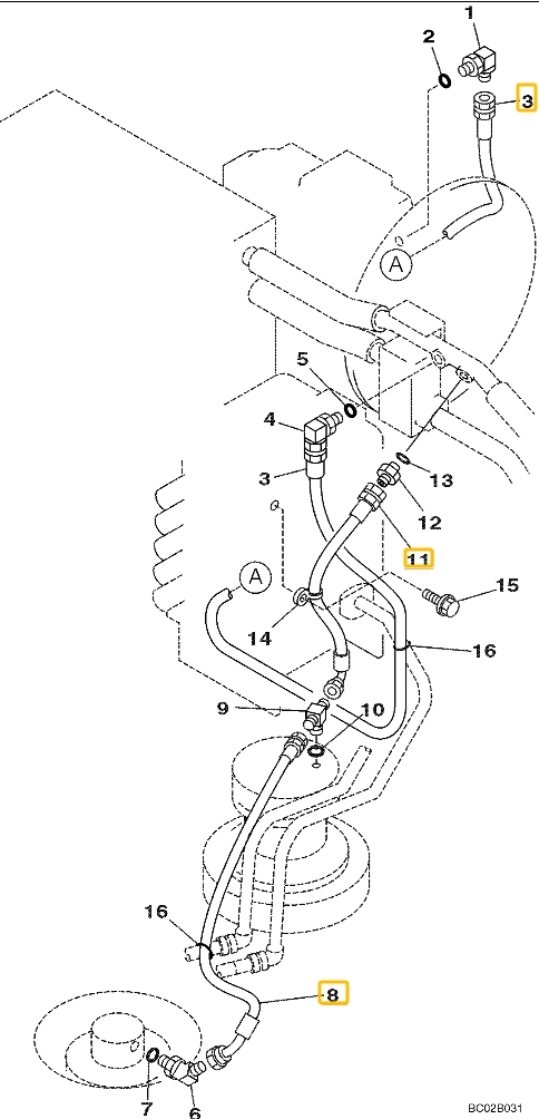 Case CX130 installation diagram showing hydraulic hose KNJ2750 at Pipe No. 8