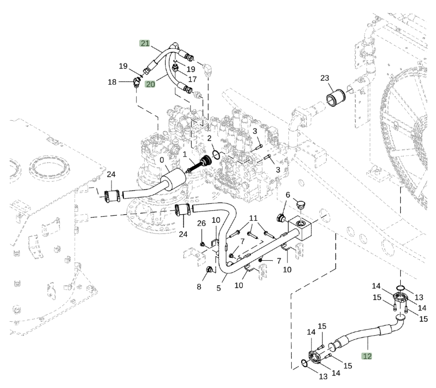 Hitachi ZX470LC-6 installation diagram showing hydraulic hose 4264170 at Pipe No. 20