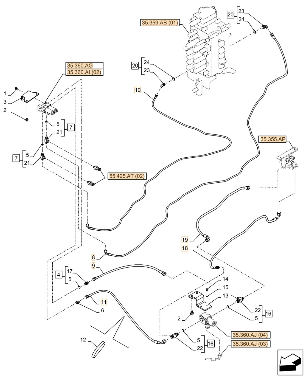 Case CX350D NLC installation diagram showing hydraulic hose KHJ2089 at Pipe No. 18