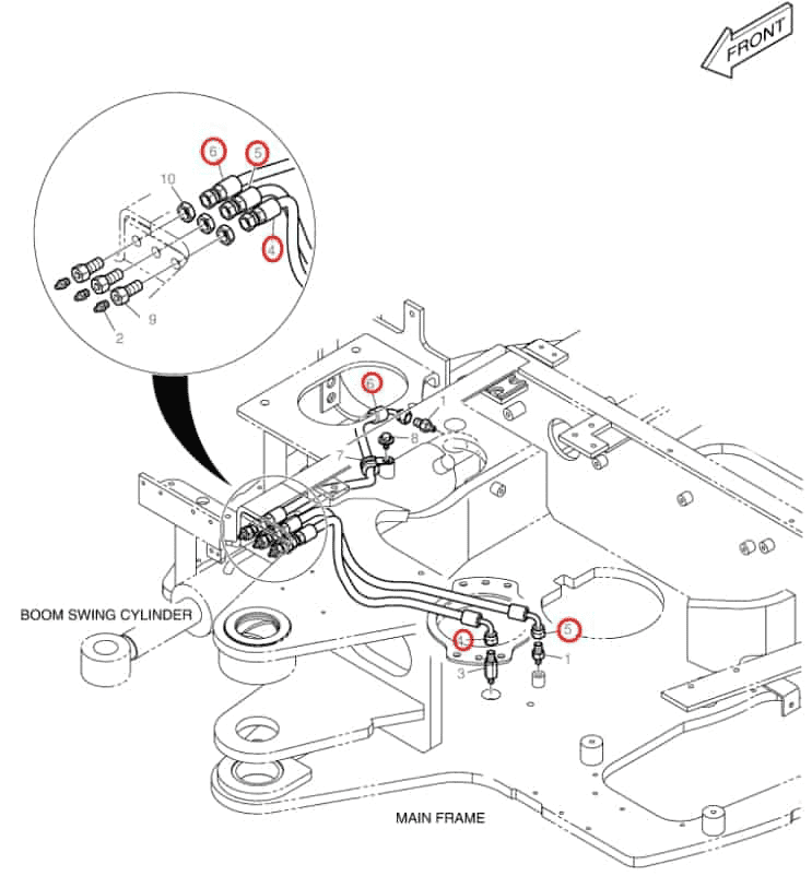 Doosan DX35Z installation diagram showing hydraulic hose DS2093028 at Pipe No. 6