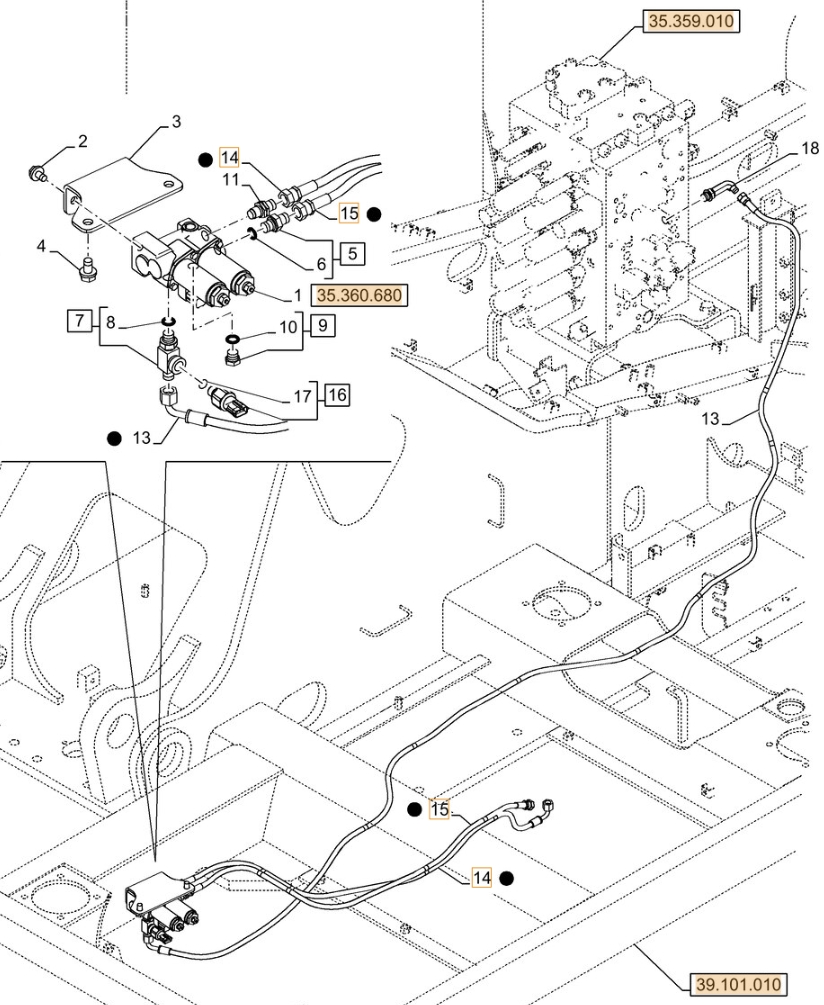 Case CX210D LC installation diagram showing hydraulic hose KHJ2092 at Pipe No. 14