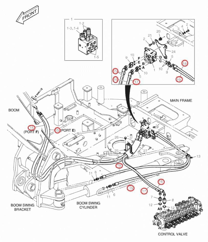 Doosan DX85R-3 installation diagram showing hydraulic hose DS2058379 at Pipe No. 17