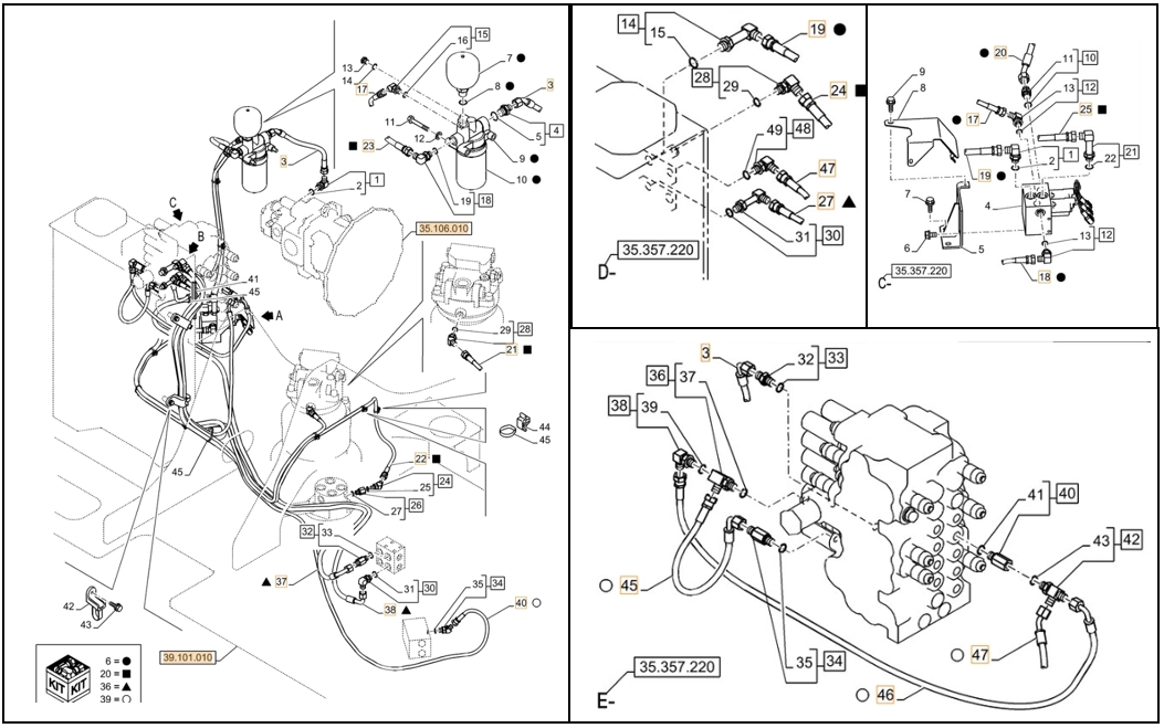 Case CX75C SR installation diagram showing hydraulic hose KHJ2088 at Pipe No. 46