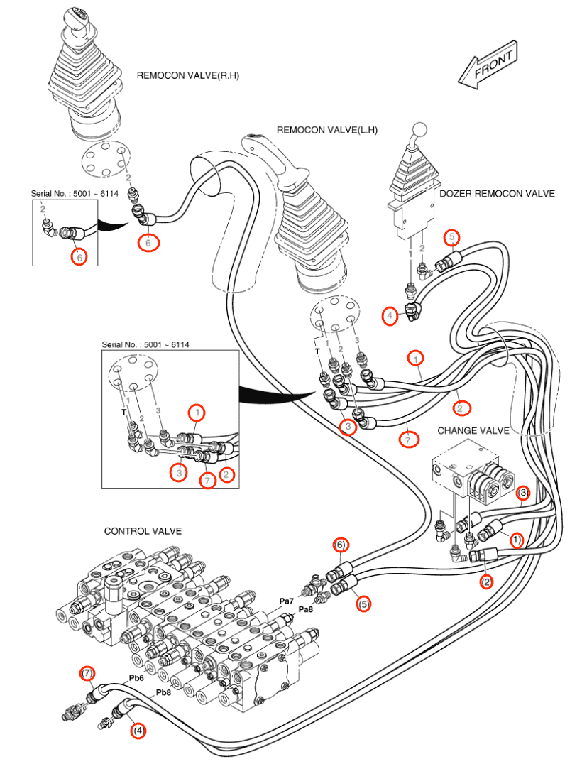 Doosan DX55W installation diagram showing hydraulic hose DS2092096 at Pipe No. 6